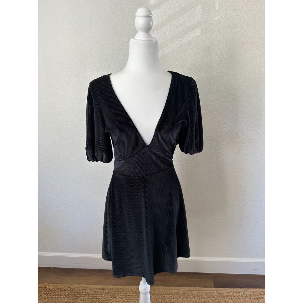 L*Space Velvet Metallic Stripes Black Puff Sleeve Mini Dress size Large - Picture 3 of 10